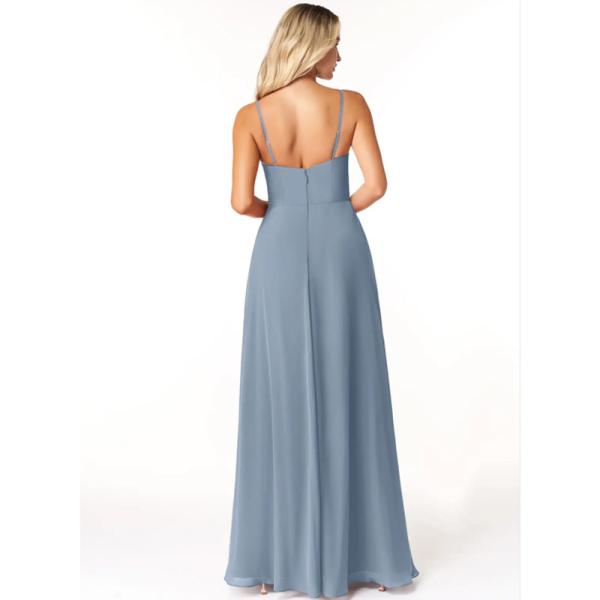 Professional OEM Sky Blue Chiffon Long Bridesmaid Dress Spaghetti Straps Scoop Neck Front Split Slit A-Line for Wedding