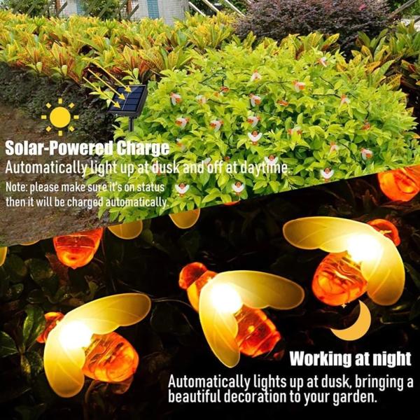 Solar Powered Honey Bee Fairy String Lights 20 LEDs For Outdoor Garden