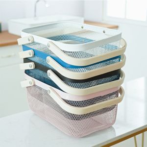 Bath Organizer Iron Storage Basket H17cm Metal Baskets With Wooden Handles