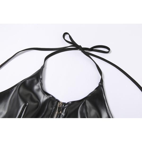 Ladies Lace Up Halter Neck Zipper Black Leather Tank Top