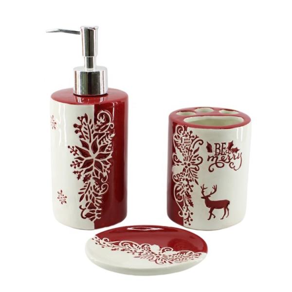 Buy 4 Pieces Bathroom Ceramic Accessories Set Red Painted Christmas Theme at wholesale prices