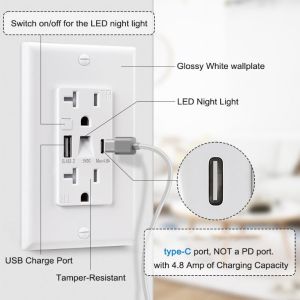 Wall Mounted Night Light USB Outlet 20A 2700K Tamper Resistant