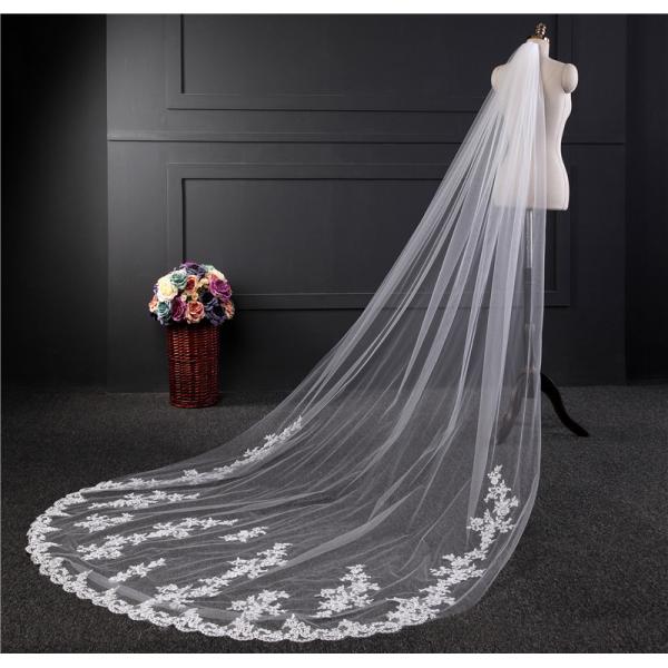 Fashionable Customized 3m*1.8m Wholesale Appliqued Lace Tulle Bridal Wedding White Veil With Hair Comb