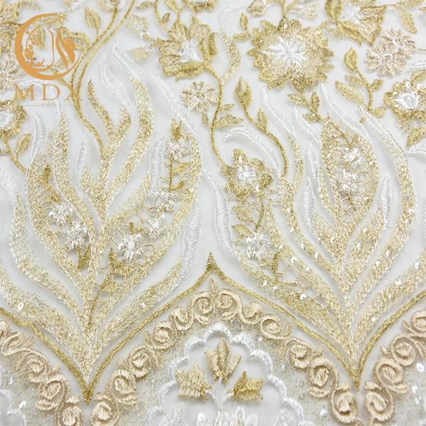 Free Sample Gold Sequin Lace Fabric Beautiful Embroidered Eco Friendly