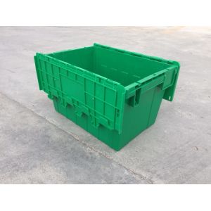 Yellow Plastic Storage Bins Attached Lids Stacked For Transportation