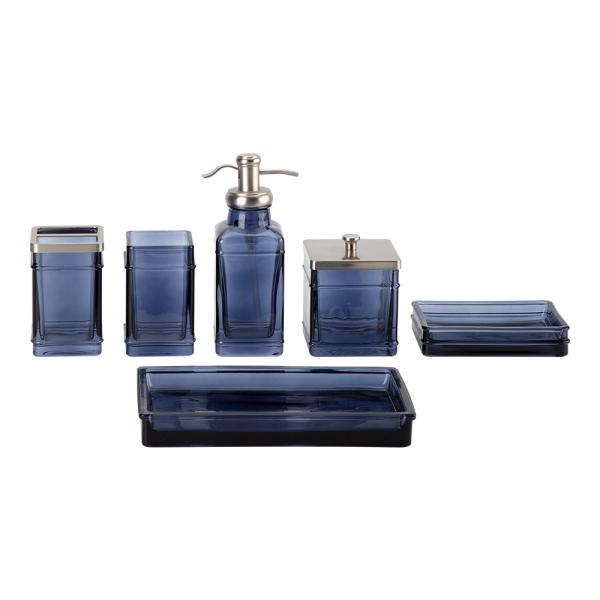 Buy Glass Bathroom and Hotel Accessories Set in Pale Blue Square Shape with Nickel Apothecary Head Soap Dispenser at wholesale prices