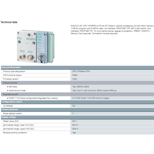 6ES7516-2PN00-0AB0 Siemens CPU SIMATIC S7-1500 Processor