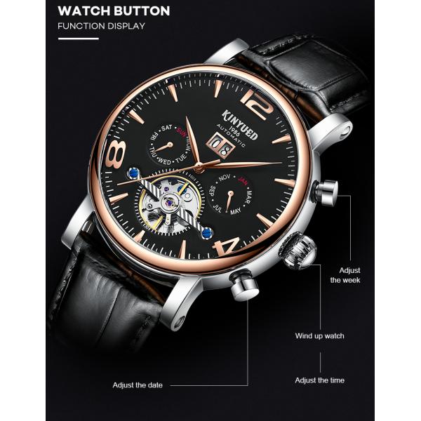 J030-4 KINYUED Mens Automatic Mechanical Watch Tourbillon Leather Waterproof Mechanical Watches