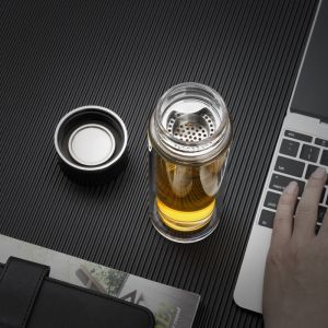 Double Walled Glass Tea Strainer Bottle Flask Unbreakable Custom