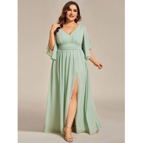 Empire Plus Size V-neck Ruffled A-line Invisible Zipper Half Flutter Sleeves Purple Orchid Chiffon Evening Dress