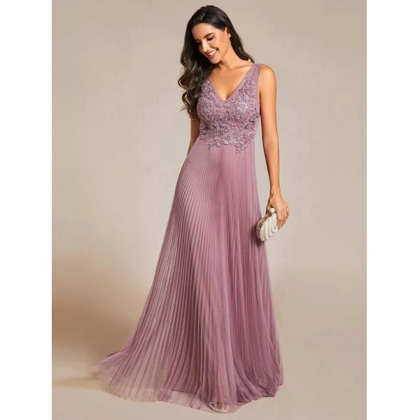 Elegant V-neck Floor-length Appliqued Zipper Two Straps A-line Purple Orchid Crepe Tulle Evening Dress