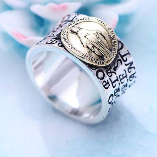 Retro Vintage Mens Sterling Silver Band Ring Engraved Words and Holy Mary (XH05396W)