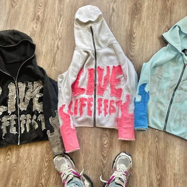 Streetwear Distressed Applique Embroidery Hoodie Cut Edge Distressed Cropped Hoodie