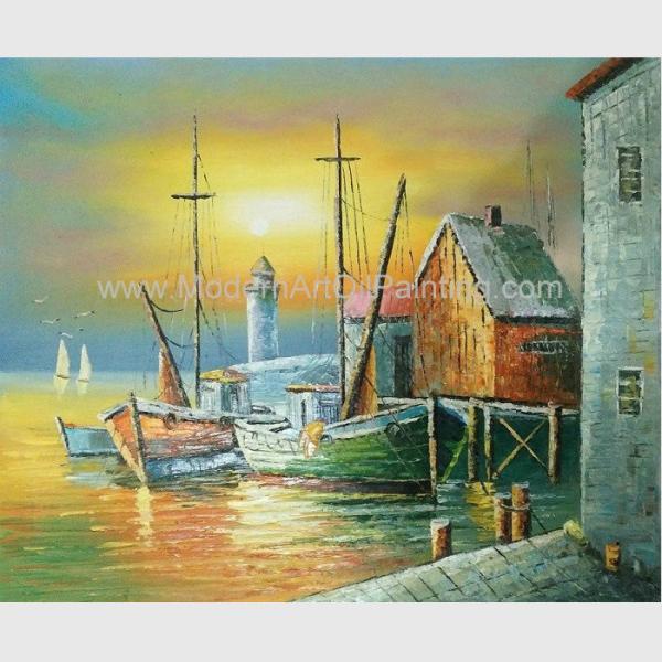 Buy Sailling Boats Oil Painting Harbor , Modern Sunset Landscape Painting at wholesale prices