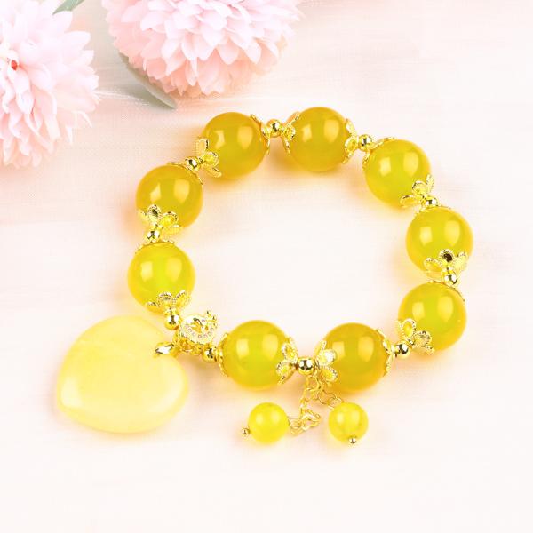 14MM Natural Energy Yellow Chalcedony With Yellow Jade Heart Carving Lucky Crystal Bead Bracelet