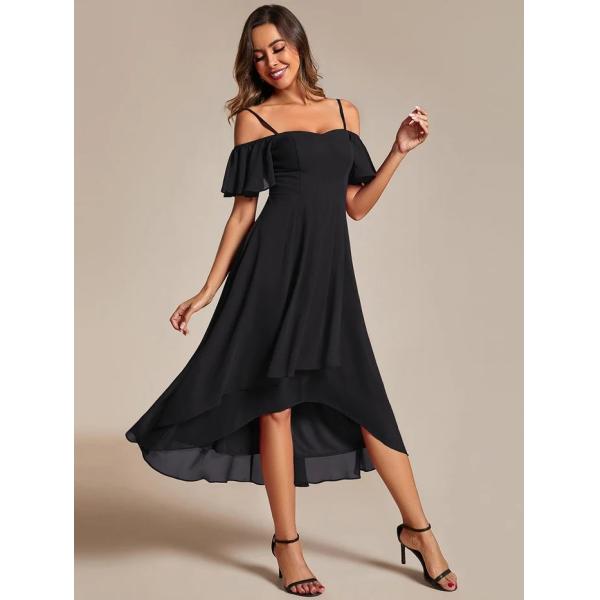 Empire Off-shoulder Spaghetti Strap Zipper High-low Wedding Guest Dresses Short Sleeves Black Chiffon Prom Dress