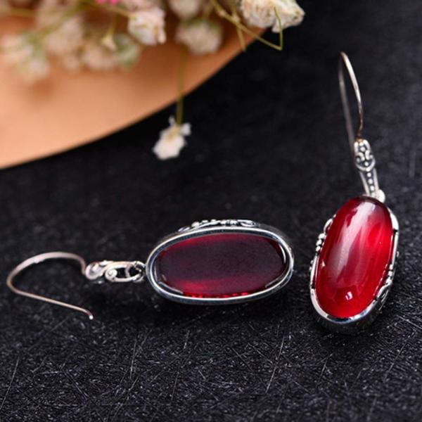 Sterling 925 Silver Retro Oval Synthetic Ruby Drop Dangle Earrings (049012)