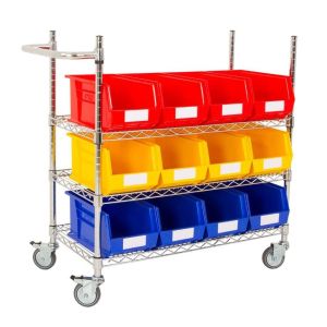 Movable Industrial Wire Shelving With Plastic Storage Bins For Garages