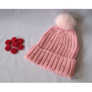 Hand Printing Lined Pom Pom Hat , Crochet Pattern Knitted Pom Pom Beanie Hat