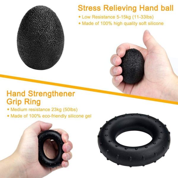 Five Piece Hand Grip Workout Kit Black Adjustable Hand Gripper Finger Stretcher Grip Ring And Stress Ball For Hand Strength And Flexibility