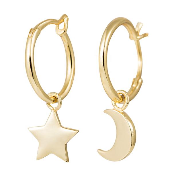 Trendy 925 Sterling Silver Earrings with Asymmetric Gold Plated Star and Moon for Ladies