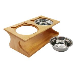 35x17.5x13cm Bamboo Elevated Dog Cat Food Stand Feeder with 2 Stainless Steel