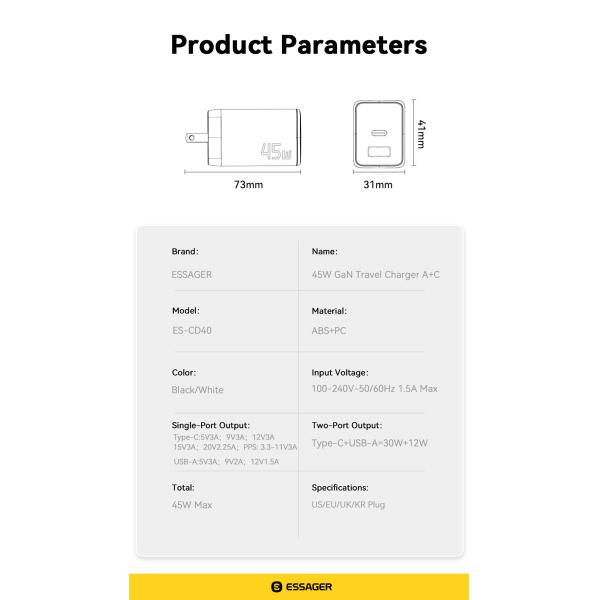 ESSAGER ES-CD40 Series PD GaN Charger QC4.0 QC3.0 QC2.0 Dual 2 Ports USB C 45W