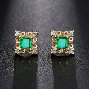 18K Yellow Gold Natural Emeral Inlay Diamonds Stud Earrings