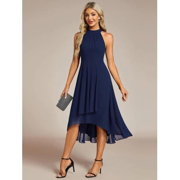 Popular A-line Sleeveless Halter Neck Wedding Guest Dress Navy Blue Chiffon Cocktail Dresses