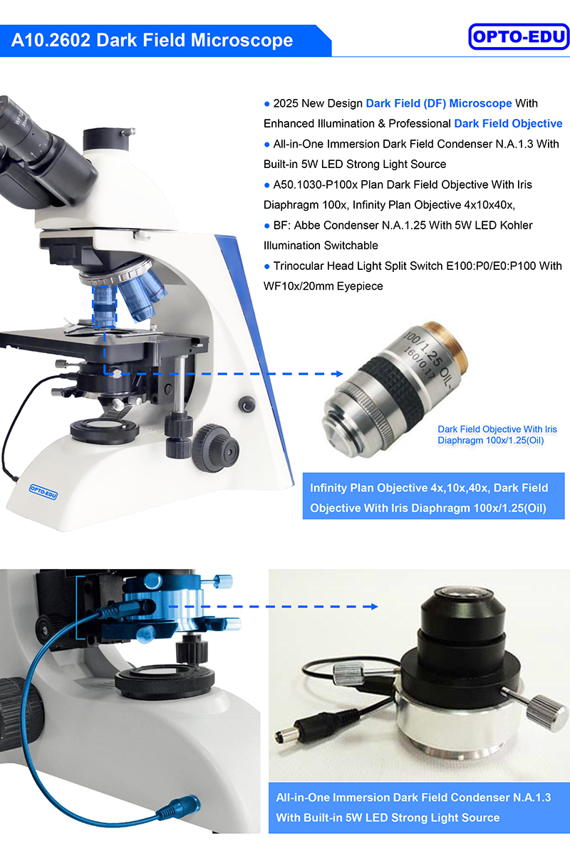 OPTO-EDU A10.2602 Dark Field Microscope with 5W LED Enhanced Illumination and WF10x Eyepiece for Professional Dark Field Condenser Applications