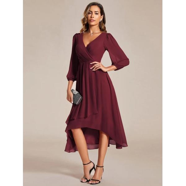 Elegant Empire Long Sleeve V-neck High Low A-line Ruffled Midi Burgundy Chiffon Wedding Guest Cocktail Dress