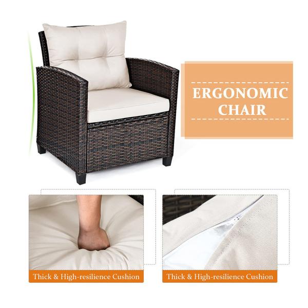 3pc Patio Wicker Bistro Conversation Patio Balcony Poolside-2 Cushioned Armchairs Glass Topped Table Outdoor Rattan Sofa