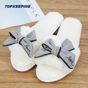 PVC Outsole Womens Fur Slippers With Silk Bow