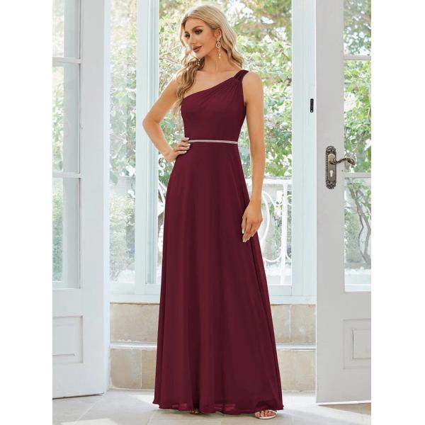 Asymmetry Custom Size Spaghetti Strap One-shoulder A-line Burgundy Flowy Chiffon Evening Dress
