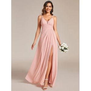 Quality Empire Zipper A-line High Slit Pleated Adjustable Straps V-neck Pink Chiffon Bridesmaid Dress for sale