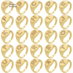 Adjustable Rhinestone Diamond Initial Ring , Chunky Zircon Gold Plated Letter