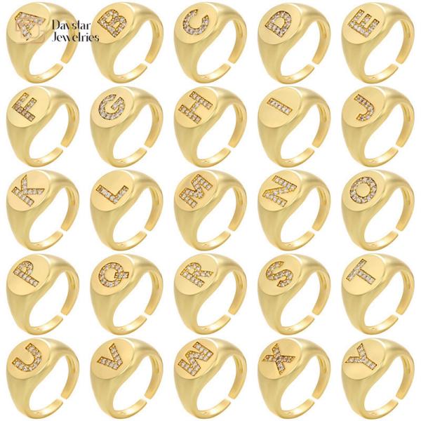 Adjustable Rhinestone Diamond Initial Ring , Chunky Zircon Gold Plated Letter
