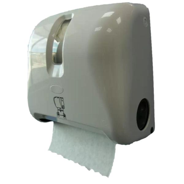 Mechanical Auto Cut Roll Paper Towel Dispenser for 15cm wide roll, white color, ABS plastic, wall mounted