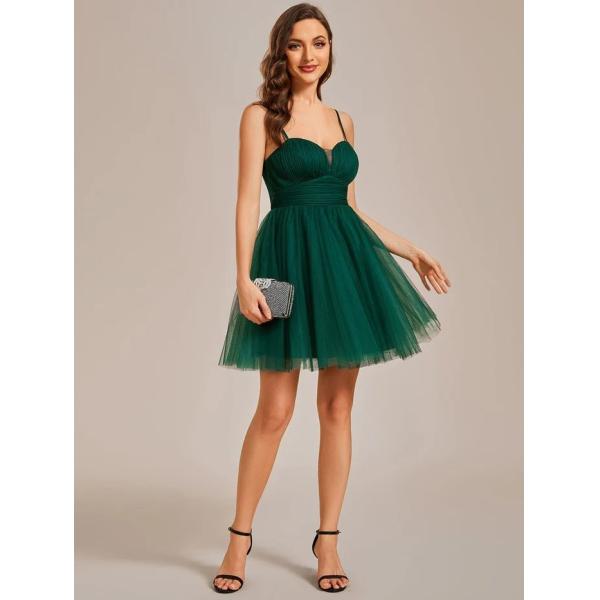 Sexy Spaghetti Strap A-line Short Mini Dark Green Tulle Cocktail Dress