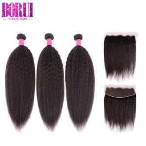 Virgin Malaysian Human Hair Weft With 13*4 Swiss Lace Frontal Kinky Straight