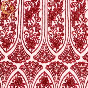 Red 3D Beaded Lace Fabric Handmade Embroidery With Sequins
