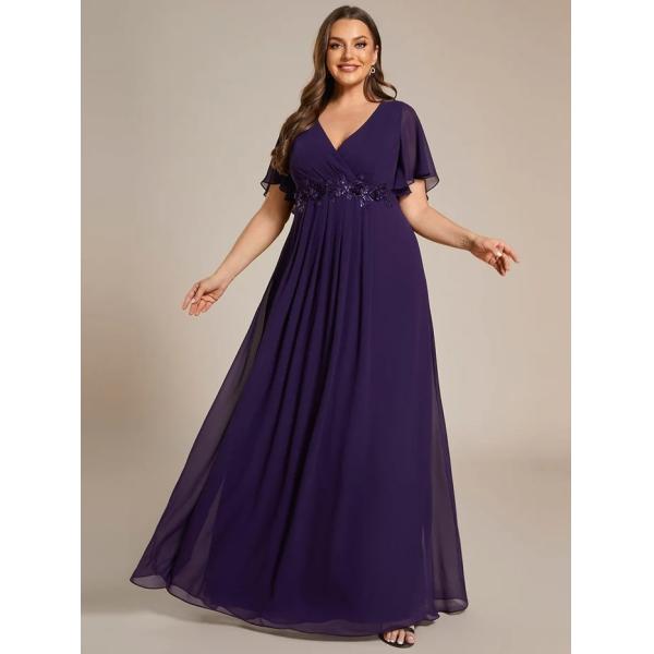 Empire Plus Size Applique Short Sleeve A-line V-neck Flutter Sleeves Invisible Zipper Dusty Navy Chiffon Bridesmaid Dres