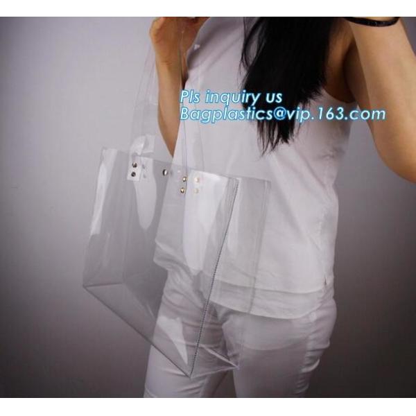 patch handle pe die cut large clear plastic bags with your own logo, pvc tote bag with leather handles tote bag PVC hand