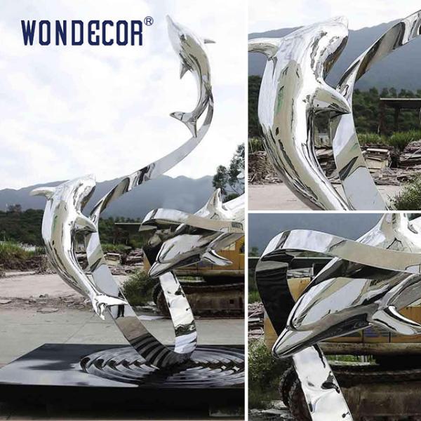 Large outdoor metal art abstract marine animal dolphin and ribbon stainless steel sculpture