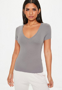 Grey V Neck Fitted T Shirt Clothing Women