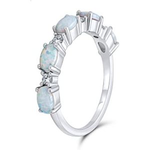 Thin CZ Accent Stackable 1/2 Eternity Oval Blue Pink Created Opal Band Ring For