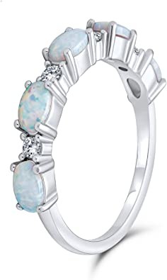 Thin CZ Accent Stackable 1/2 Eternity Oval Blue Pink Created Opal Band Ring For
