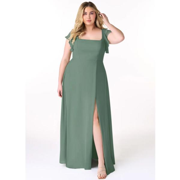 New Arrived Summer Flowy Ruffled Chiffon Long Evening Dress Cap Sleeve Square Neck Ruched