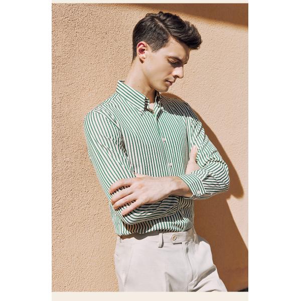 Customized Green Striped Long-Sleeved Men's Business Formal Shirt for Spring Season