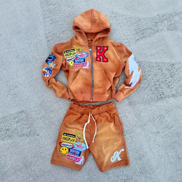 Custom Distressed Embroidery Patch Hoodie Acid Wash Vintage Zip up Hoodie Cotton Summer Shorts Tracksuits and Jogger Short Set